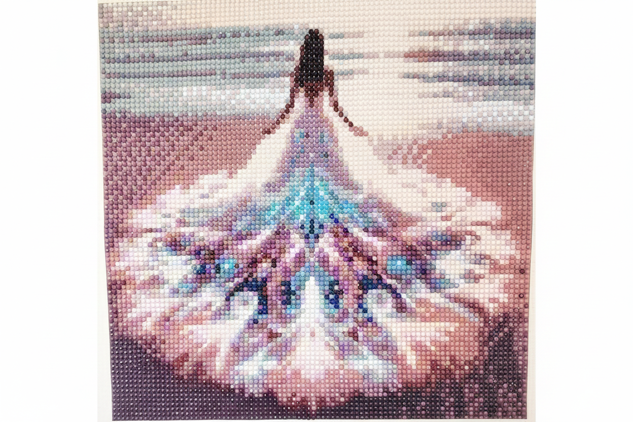 DAME À LA ROBE EN PLUME DE PAON FACE À LA MER